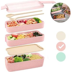 Bento Box Lunchbox Roze met bestek - Eco - Magnetron / Vriezer / Vaatwasser bestendig - Duurzaam en Milieuvriendelijk - Bio 3 lagen mealprep container - 900 ml - 3 kleuren - Beige - Groen - Roze