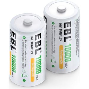 EBL 2-Pack Oplaadbare D Cell Batterijen 10000 mAH - Duurzame 1.2V NI-MH Oplaadbare Batterijen