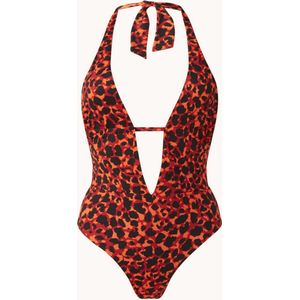 Banana Moon Samba Montara plunge badpak met panterprint - Rood/ Zwart - Maat 40