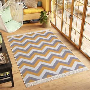 Tapiso Azteca Vloerkleed Franjes Zigzag Woonkamer Katoenen Dubbelzijdig Tapijt Maat- 80x150