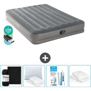 Intex Luchtbed - 2-Persoons - 152 x 203 x 30 cm - Grijs - Inclusief pomp - Hoeslaken - Kussen - Reparatieset en Kussenbeschermer