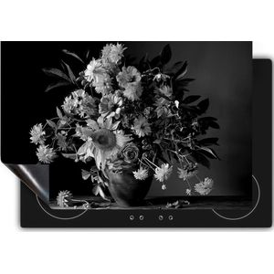 Chefcare Inductie Beschermer Vaas met Verschillende Bloemen - Zwart Wit - 80x52 cm - Afdekplaat Inductie - Kookplaat Beschermer - Inductie Mat