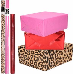 6x Rollen kraft inpakpapier pakket panter/dierenprint-metallic rood en roze 200 x 70/50 cm/cadeaupapier/verzendpapier/kaftpapier