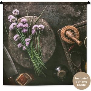 Wandkleed - Wanddoek - Bieslook - Keuken - Vijzel - Rustiek - Kruiden - Paars - 120x120 cm - Wandtapijt
