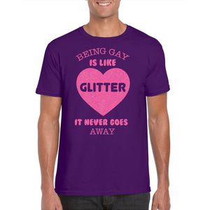 Bellatio Decorations Gay Pride T-shirt voor heren - being gay is like glitter - paars/roze - LHBTI XXL