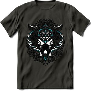 Tijger - Dieren Mandala T-Shirt | Lichtblauw | Grappig Verjaardag Zentangle Dierenkop Cadeau Shirt | Dames - Heren - Unisex | Wildlife Tshirt Kleding Kado | - Donker Grijs - 3XL