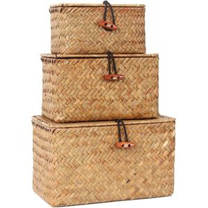 Plankmanden met deksels - Set van 3 handgeweven kleine dozen zeegras - opslag mini-mand desktop make-up organizer - multifunctionele container - natuurlijk S/M/L wicker basket