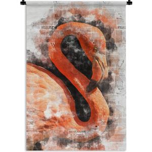 Wandkleed FlamingoKerst illustraties - Een portret van een geschilderde flamingo op een achtergrond van kranten Wandkleed katoen 60x90 cm - Wandtapijt met foto