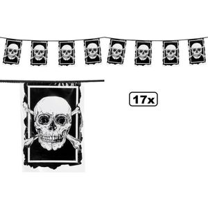 17x Vlaggenlijn rechthoek Skull 600cm - Piraat vlaggen piraten vlaglijn Pirates doodshoofd