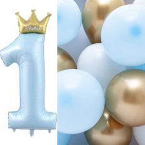 17-delige First Birthday ballonnen set blauw, goud en wit - cakesmash - eerste verjaardag - 1 - one - ballon - decoratie - folie ballon