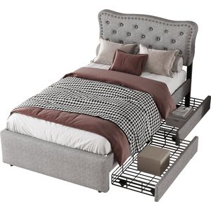 Merax Gestoffeerd Bed 90x200 - Eenpersoonsbed met Decoratie en Lades - Grijs