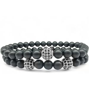 Kralen Armband Set met Steentjes - Zilver / Mat Zwart - Armbanden Heren Mannen Dames Vrouwen - Cadeau voor Man - Mannen Cadeautjes