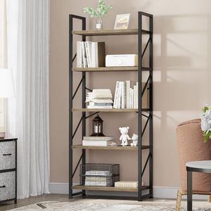 Boekenkast met 5 niveaus, industrieel staand rek, opbergplanken voor woonkamer, boeken, slaapkamer, kantoor, keuken, tijdschriften, grijs