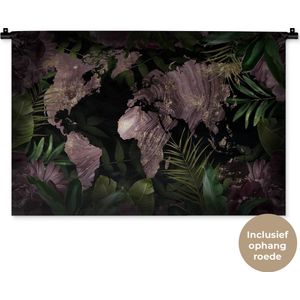 Wandkleed WereldkaartenKerst illustraties - Paarse wereldkaart met marmerpatroon en tropische bladeren en bloemen Wandkleed katoen 90x60 cm - Wandtapijt met foto