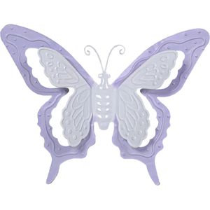 Mega Collections tuin/schutting decoratie vlinder - metaal - lila paars - 17 x 13 cm