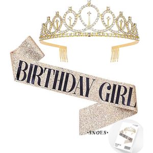 Snoes * Goud Verjaardag Kroon Tiara en Sjerp * Birthday Girl * Gold/Glitter * Jarige versiering * Dress up for your Birthday *