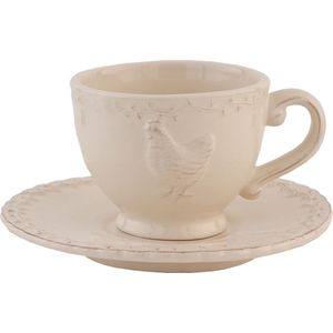 Clayre & Eef Kop en schotel 200 ml Beige Keramiek Rond Kip Servies