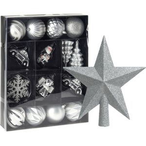 Christmas Decoration Kerstballen en ornamenten - incl. ster piek - zilver/wit - kunststof