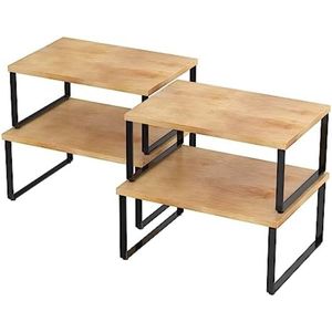 Set van 4 Keukenrekken, Voorraadkast Organizer, Rekinzet in Keukenkast, voor Specerijen, Kruiden, Blikje, van Bamboe en Metaal, Zwart