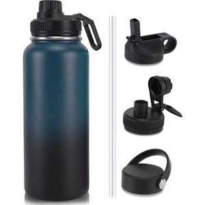 Roestvrijstalen drinkfles, 1 l, thermosfles met rietje (+3 deksels), geïsoleerde waterfles, BPA-vrij, geschikt voor koolzuur, lekvrije thermosfles voor sport, outdoor, indigo zwart