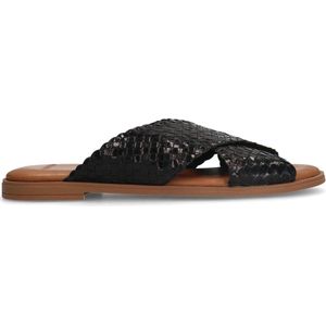 Manfield - Dames - Zwart leren gevlochten slippers - Maat 38