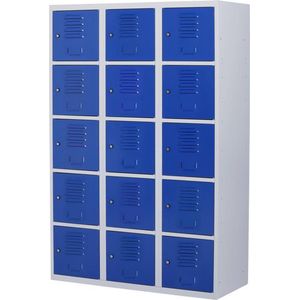 Lockerkast metaal met slot - 15 deurs 3 delig - Grijs/blauw - 180x120x50 cm - LKP-1065