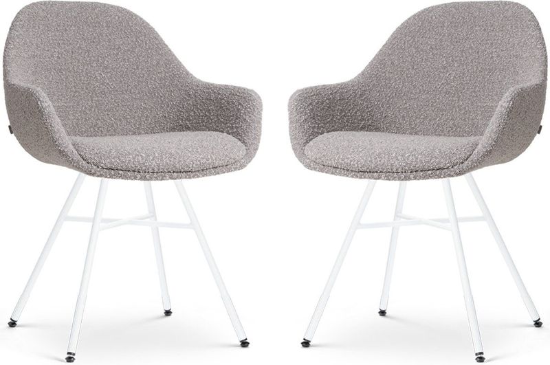 Nolon Noa-Mae Eetkamerstoelen Set van 2 Bouclé Taupe - met Armleuning - Stof - Wit Metalen Poten - Design - Scandinavisch - Comfortabel