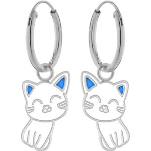 Oorbellen meisjes zilver | Zilveren oorringen met hanger, wit katje met blauwe oortjes