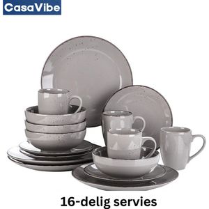 CasaVibe Serviesset – 16 delig – 4 persoons – Keramiek - Luxe – Bordenset - Koppen - Kommen - Grijs - Navia