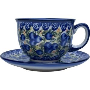 Kop met schotel- Koffie- Thee- Servies- Blauwe Bessen- Aardewerk- Keramiek- Handmade- Handgemaakt- Handpainted- Handbeschilderd- 200ml- Bunzlau
