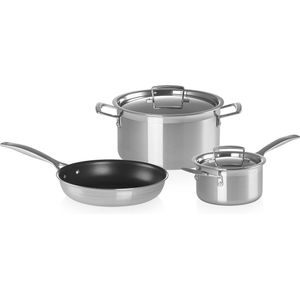 Le Creuset 3- delige Pannenset 3-ply - RVS - Inductie - Koekenpan, Kookpan & Steelpan - inclusief 2 deksels