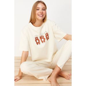 Trendyol Lichtgrijze 100% Katoenen Gebreide Pyjamaset Met Leuke Print Thmss23Pt00134