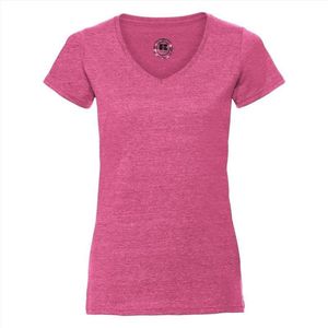 Basic V-hals t-shirt vintage washed roze voor dames - Dameskleding t-shirt roze XS (34/46)