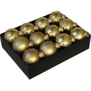 12x Luxe glazen gouden sneeuwvlokken/sterren kerstballen 7,5 cm - Gedecoreerde kerstballen