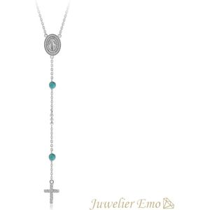 Juwelier Emo - Rozenkrans ketting Zilver met Turquoise stenen - Kruis hanger - 50 cm
