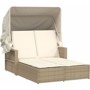 vidaXL - Ligbed - 2-persoons - met - luifel - en - kussens - poly - rattan - beige