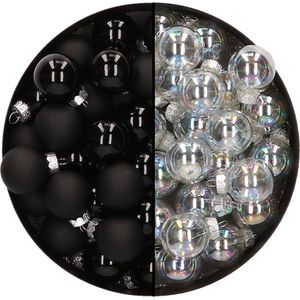 Mini kerstballen - 48x st - transparant parelmoer en zwart - 2,5 cm - glas