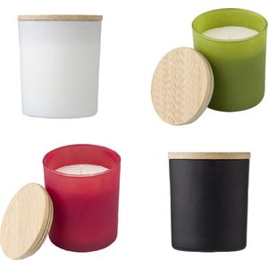 Set van 4 Geurkaarsen in herbruikbaar glas met Bamboe deksel Rood ( Kaneel aroma), Wit ( Vanille aroma ), Zwart ( Sandelhout ), Groen ( Jasmijn )