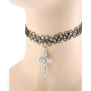 Zac's Alter Ego - Tattoo with cross Choker - Zwart/Zilverkleurig