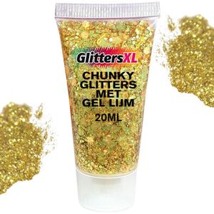 Chunky Glitters met Gel Lijm Tube (Goud) [Volume 20ML - Festival Jewels Glitter Outfit Lichaam en Gezicht - Make-up Diamond Dots Face Body - Diamantjes Strass Steentjes - Kinderen Volwassenen Dames Makeup Tattoo Mastix Schmink]