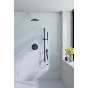 Fortifura Calvi Inbouw Regendoucheset - rond - thermostatisch - wandarm - glijstang - 25cm hoofddouche - staaf handdouche - gladde doucheslang - mat zwart