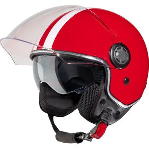 VINZ Parchi Scooterhelm met zonnevizier / Jethelm met streep / Brommerhelm / Motorhelm / Helm Scooter Retro / Snorfiets helm / Snorscooter helm - Geschikt Voor Helmplicht Blauw Kenteken - Rood