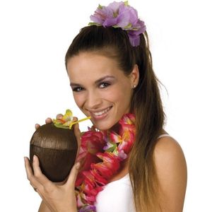 Set van 12x stuks kokosnoot drinkbeker hawaii met herbruikbaar rietje 12 x 16 cm 400 ml - Tropisch/hawaii thema feest accessoires