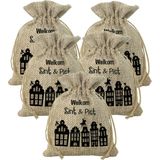 Pakket van 5x stuks mini Sinterklaas jute cadeau zakken Welkom Sint en Piet print - Strooizak met koord - 18 x 25 cm