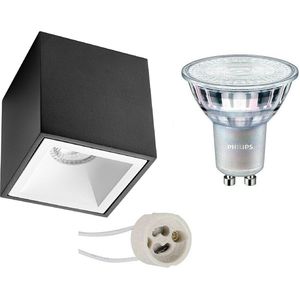 Opbouwspot Set - Proma Cliron Pro - GU10 Fitting - Opbouw Vierkant - Mat Zwart/Wit - Verdiept - 90mm - Philips - MASTER 927 36D VLE - 4.9W - Warm Wit 2200K-2700K - DimTone Dimbaar