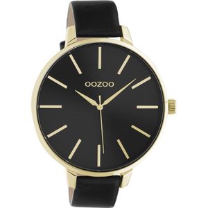 OOZOO Timepieces - goudkleurige horloge met zwarte leren band - C10844 - Ø48