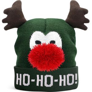 JAP Kerstmuts met hoorntjes en 3d neus - Volwassenen en kinderen - Rudolf het Rendier - Groen