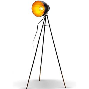 B.K.Licht - Zwart Gouden Vloerlamp - voor woonkamer - industriële staande lamp - voor binnen - driepoot - staanlamp - leeslamp - h: 136cm - met 1 lichtpunt - E27 fitting - excl. lichtrbon