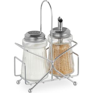 Relaxdays zoutvat en suikerstrooier - met houder - glas en rvs - kruidenpotjes - transparant/zilver