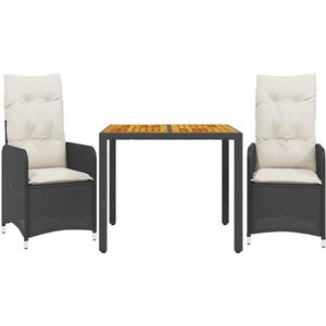 vidaXL 3-delige Bistroset met kussens poly rattan zwart - Bistroset - Bistrosets - Loungeset - Tuinset
